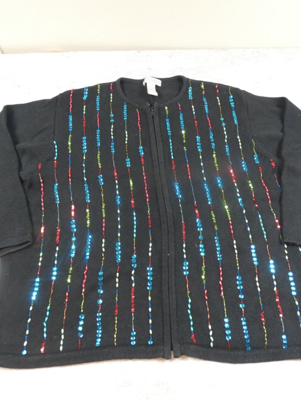 Dressbarn Cardigan Black Sequin Stripe Zip Up Sweater Dressy Casual